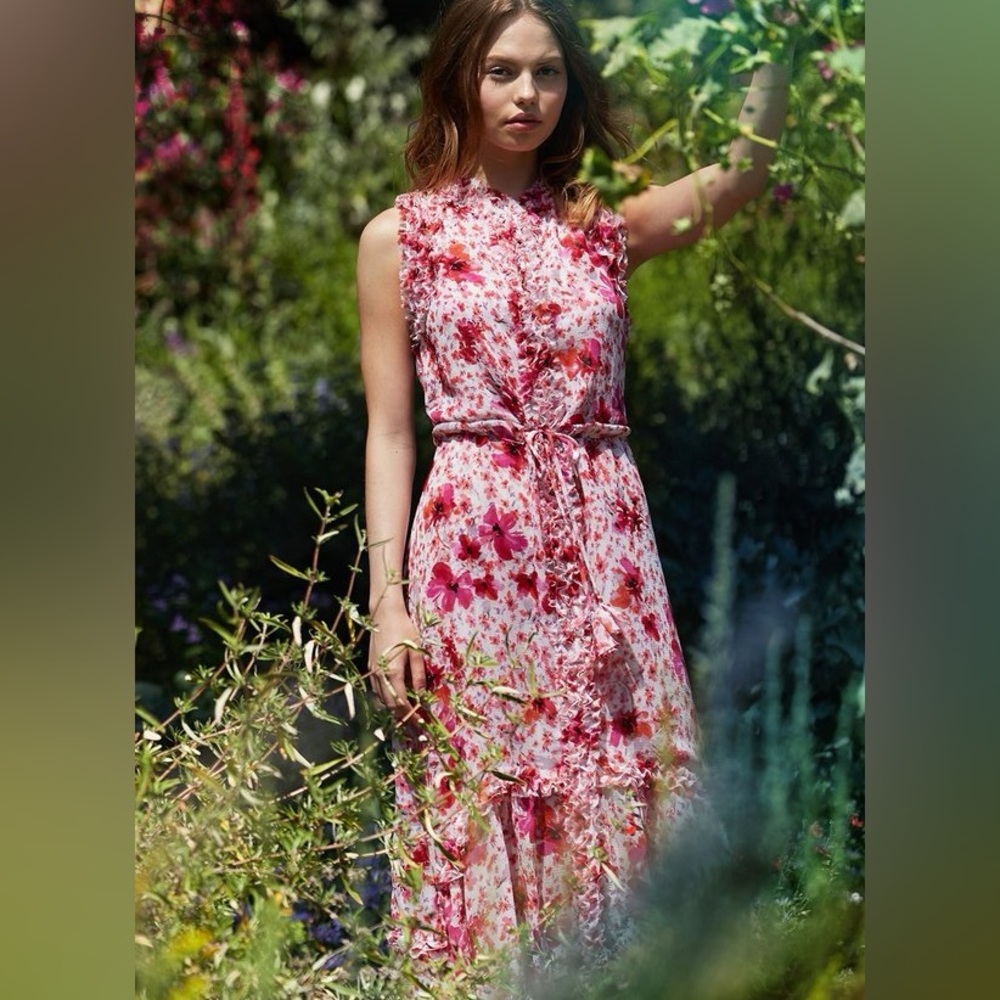 MISA Los Angeles Aurelie Maxi Floral Print Feminine Dress w Ruffles Details S